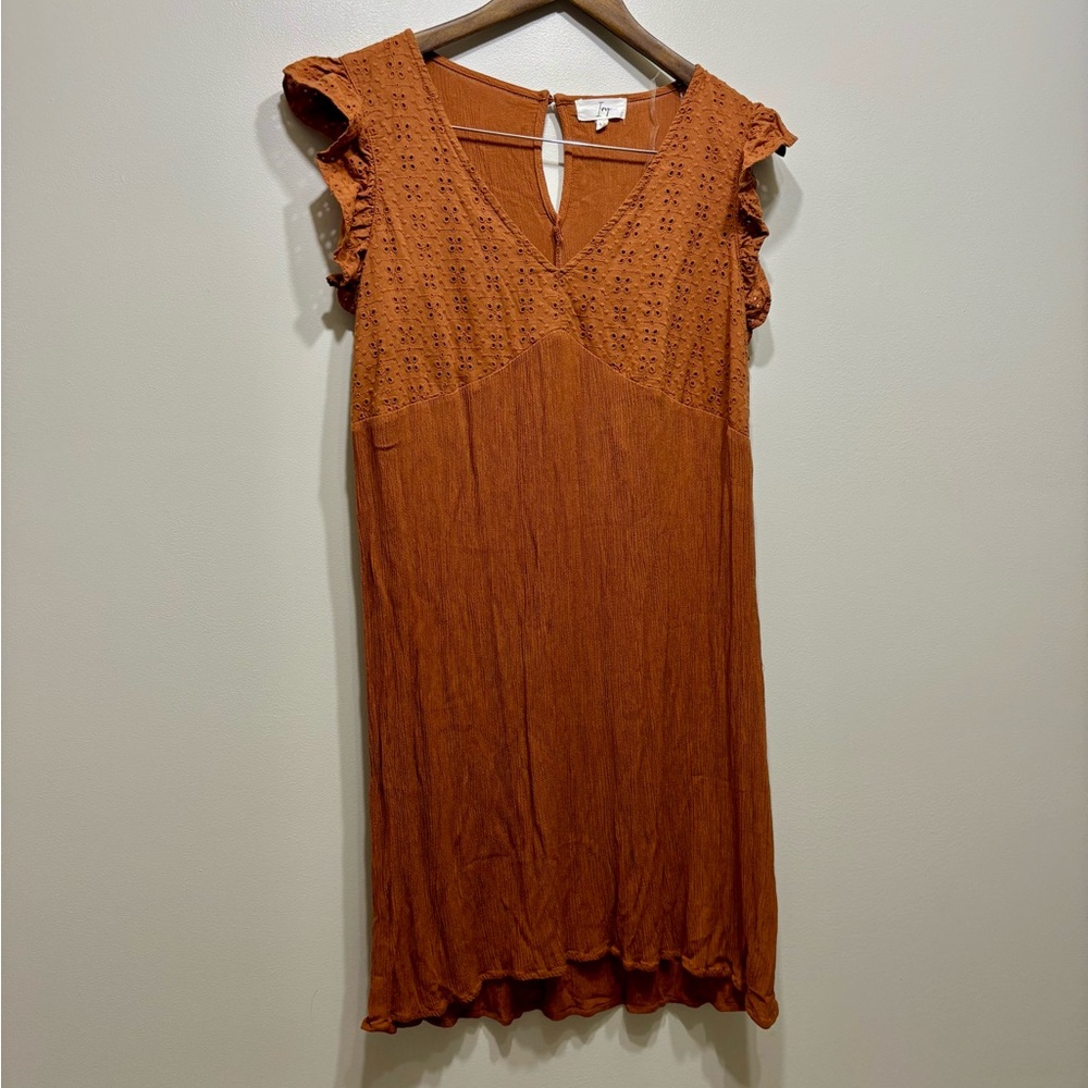 Ivy Boho Ruffle Short Sleeve V-Neck Flowy Fit Crotchet Top Mini Dress Orange
